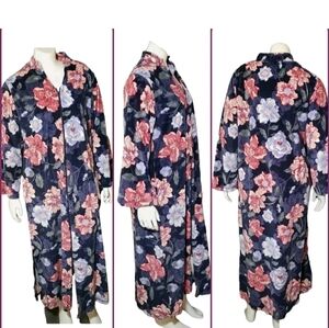 MISS ELAINE FLORAL PRINT VELOUR Front Zip Robe Gown Small dark blue base pockets